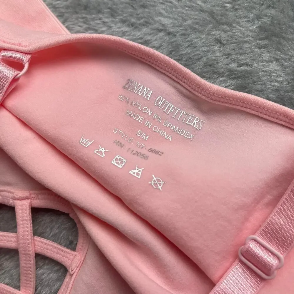 Women's Front V-Lattice Bralette Adjustable‎ Straps NOT PADDED Dusty Pink S/M